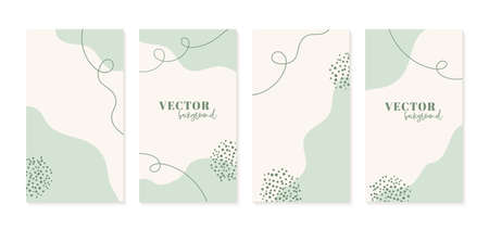 Minimalist stories templates in green neutral colors. Abstract organic hand drawn shapes backgrounds with copy space for textのイラスト素材
