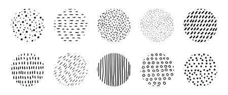 Hand drawn circle textures. Vector abstract doodle artistic scribbles. Minimal dotted and striped patternsのイラスト素材