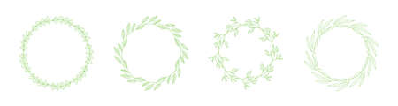 Hand drawn floral circle wreaths. Vector set of decorative round frames with leavesのイラスト素材