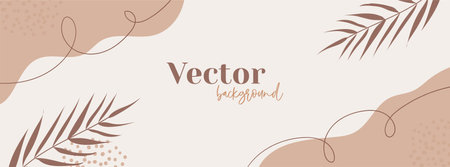 Minimal long banner in neutral colors. Abstract organic shapes, palm leaves boho background. cover templateのイラスト素材