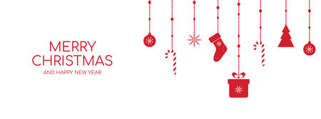 Merry Christmas minimal long banner for cover template. Vector greeting card with hanging decorative garlandsのイラスト素材