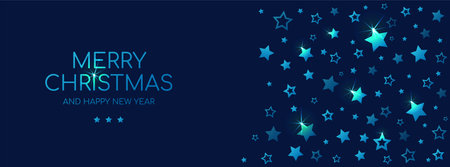 Merry Christmas and Happy New Year long banner for Facebook cover template. Vector dark greeting card with blue shining starsのイラスト素材
