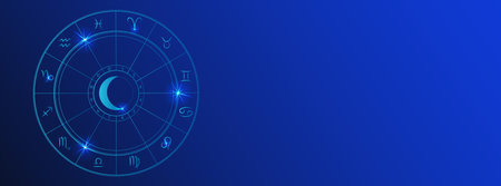 Astrology horoscope wheel long background with zodiac circle chart. Dark blue banner for astrological forecastのイラスト素材