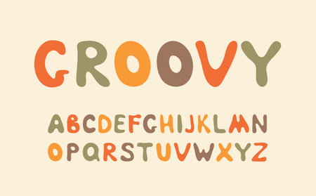 Retro groovy font. Vector hipster 70s styled decorative letters. Vintage typface for postersのイラスト素材