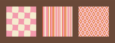 Groovy retro seamless pattern vector set. Abstract warm color vintage 70s backgroundsのイラスト素材