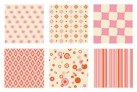 Retro seamless patterns vector set. Abstract warm color vintage 70s groovy backgroundsのイラスト素材