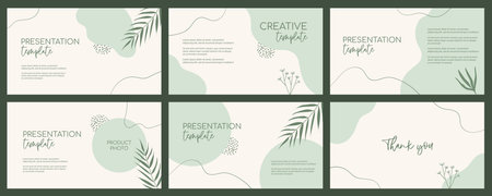 Presentation organic green templates. Natural floral green minimal vector backgrounds with organic shapes and palm leavesのイラスト素材