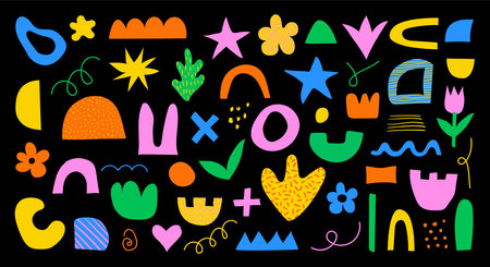Set of abstract retro Y2K naive hand drawn organic shapes. Vector doodle collection of colorful matisse figures, flowers, stars in 70s groovy styleのイラスト素材