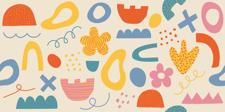 Abstract hand drawn Y2K naive seamless pattern. Vector organic colourful doodle shapes background in 70s groovy retro styleのイラスト素材