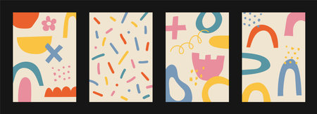 Abstract hand drawn Y2K naive trendy pattern posters. Vector organic colourful doodle shapes backgrounds, patterns in 70s groovy retro styleのイラスト素材