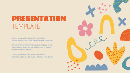 Abstract Y2K naive presentation template with hand drawn organic doodle shapes and text. Vector banner in 70s groovy retro styleのイラスト素材