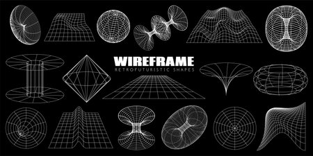 Wireframe retro futuristic abstract shapes. Vector set of geometrical blueprint 3d spheres, perspective gridsのイラスト素材