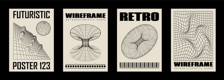 Retro futuristic abstract geometric posters, wall art, t-shirt prints, banners. Wireframe 3d shapes. Vector techno illustrationsのイラスト素材