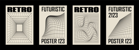 Retro futuristic abstract geometric y2k posters, wall art, t-shirt prints, banners. Wireframe grid graphic shapesのイラスト素材