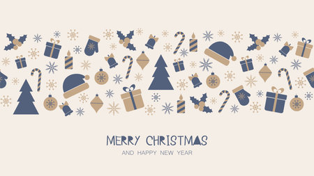 Merry Christmas and Happy New Year greeting card. Vector minimal seamless pattern line with Christmas decorations. Creative postcardのイラスト素材