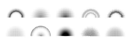 Halftone dotted semicircles. Set of vector gradient effect spotted overlay abstract round elementsのイラスト素材