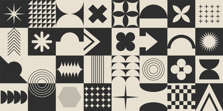 Brutalism geometric seamless pattern. Vector abstract monochrome basic shapes retro y2k backgroundのイラスト素材