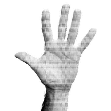 Halftone dotted hand open palm for trendy y2k retro collage. Vector textured male arm with fingers upのイラスト素材