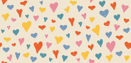 Hearts hand drawn Y2K naive seamless pattern. Vector colorful doodle funny hearts love background in 70s groovy styleのイラスト素材
