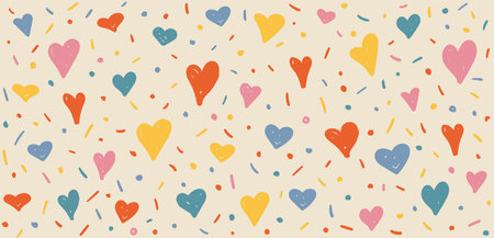 Hearts hand drawn Y2K naive seamless pattern. Vector colorful doodle funny hearts love background in 70s groovy styleのイラスト素材
