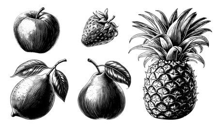 Hand drawn isolated fruits. Vector set of vintage botanical sketch engraving food illustrations for packaging, markets, shopsのイラスト素材