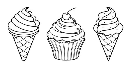 Sweet ice cream cones and cupcake vector illustration for coloring book. Hand drawn outline isolated sketchのイラスト素材