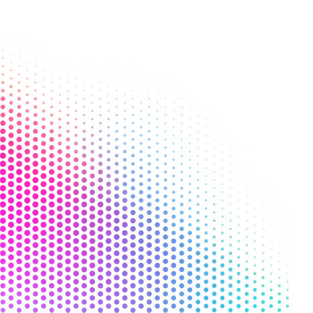 Halftone dotted colorful gradient corner design element . Isolated vector spotted mosaic overlay textureのイラスト素材