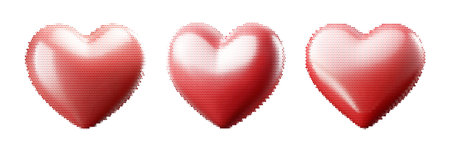 Halftone dotted red 3D heart shapes for trendy y2k Valentines day retro collage. Set of vector textured heartsのイラスト素材