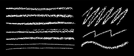 Chalk brush lines and scribbles set. Doodle hand drawn vector textured chalk underline grunge bordersのイラスト素材