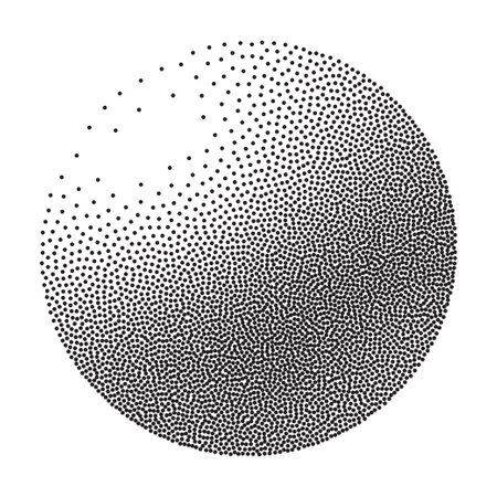 Stipple dotted sphere shape. Grainy noise halftone 3d circle vector graphic, elementのイラスト素材