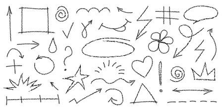 Chalk doodle hand drawn elements. Vector textured crayon textured outline sketch shapes, arrows, frames, heartのイラスト素材
