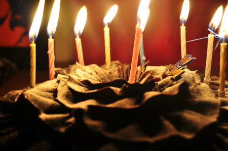 Chocolate cake with candles for a birthday.の写真素材