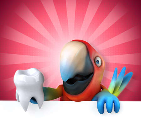 A cute parrot with a tooth in his hands hurries to the children. Suitable for printing on clothing.の写真素材