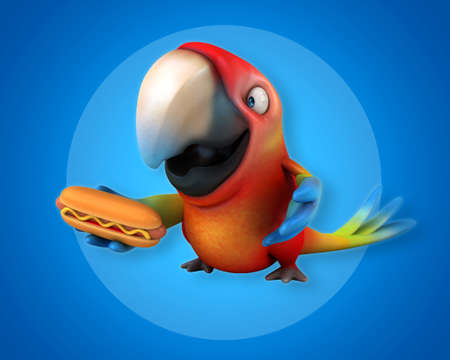 A funny parrot with a hot dog in his hands. Suitable for drawing on a T-shirt.の写真素材