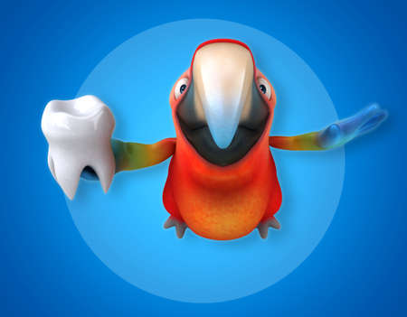 A cute parrot with a tooth in his hands hurries to the children. Suitable for printing on clothing.の写真素材