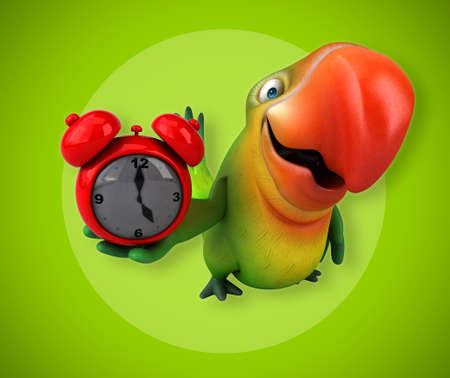 A funny parrot with an alarm clock. Suitable for a sticker on a T-shirt.の写真素材