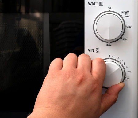 Analog timer and heat setting for microwave oven white color, hand adjustment for kitchen food and...