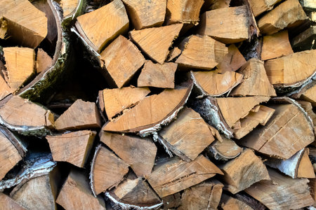 Texture of chopped firewood stacked in masonry