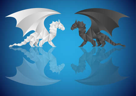 Two origami dragons  with reflection on blue backgroundのイラスト素材