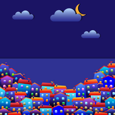 Little colorful town at night. Vector paper-art のイラスト素材