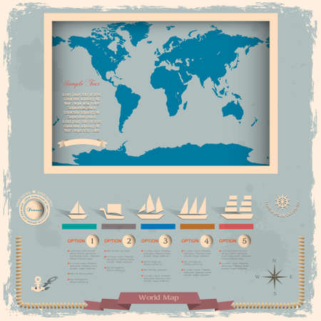 Retro style world map with nautical design elementsのイラスト素材