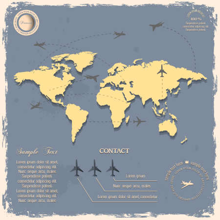 World map with aircraft for design in vintage style のイラスト素材