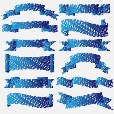  Blue scribbled ribbons and banners Vector setのイラスト素材