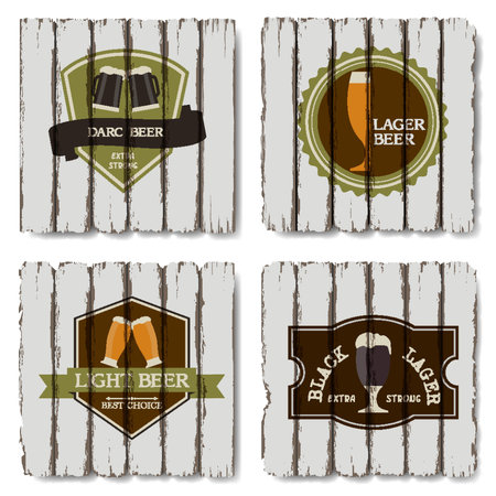 Vector set of beer badges and labels on wood backgroundのイラスト素材