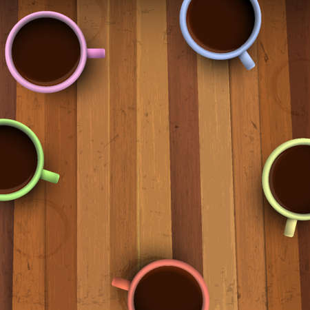 Colorful cups of coffee on wooden table. Vector illustrationのイラスト素材