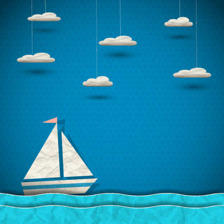 Sailing boat and clouds  paper-art のイラスト素材