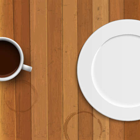 Dinner plate and coffee cup on wooden background. Vector illustrationのイラスト素材