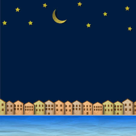 Paper town near river at night  Creativeのイラスト素材
