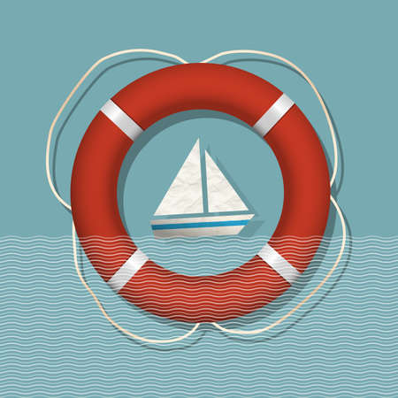 Lifebuoy and paper sailboat  Nautical vector illustrationのイラスト素材