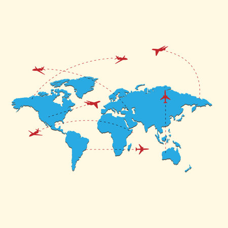 World travel map with airplanes. 